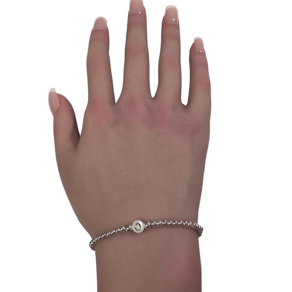 925 Sterling Silver Beaded Stretch Stacking Bracelet MOP Letter Initial O - Picture 5 of 6